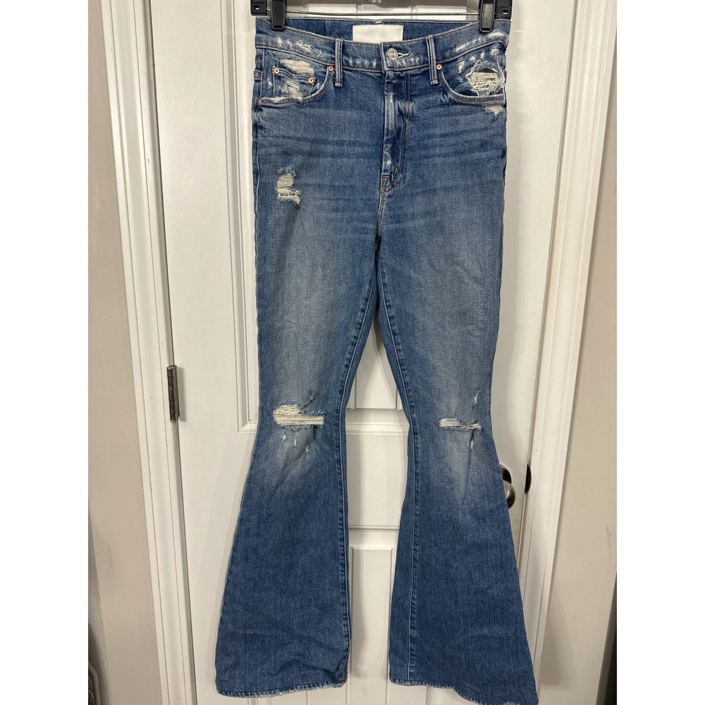 MOTHER Superior High Waisted Flare Jeans Distressed Blue Denim Bell Bottoms